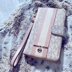 Michael Kors: Women's Pink Logo Stripe Wristlet Folio Case For IPhone 11